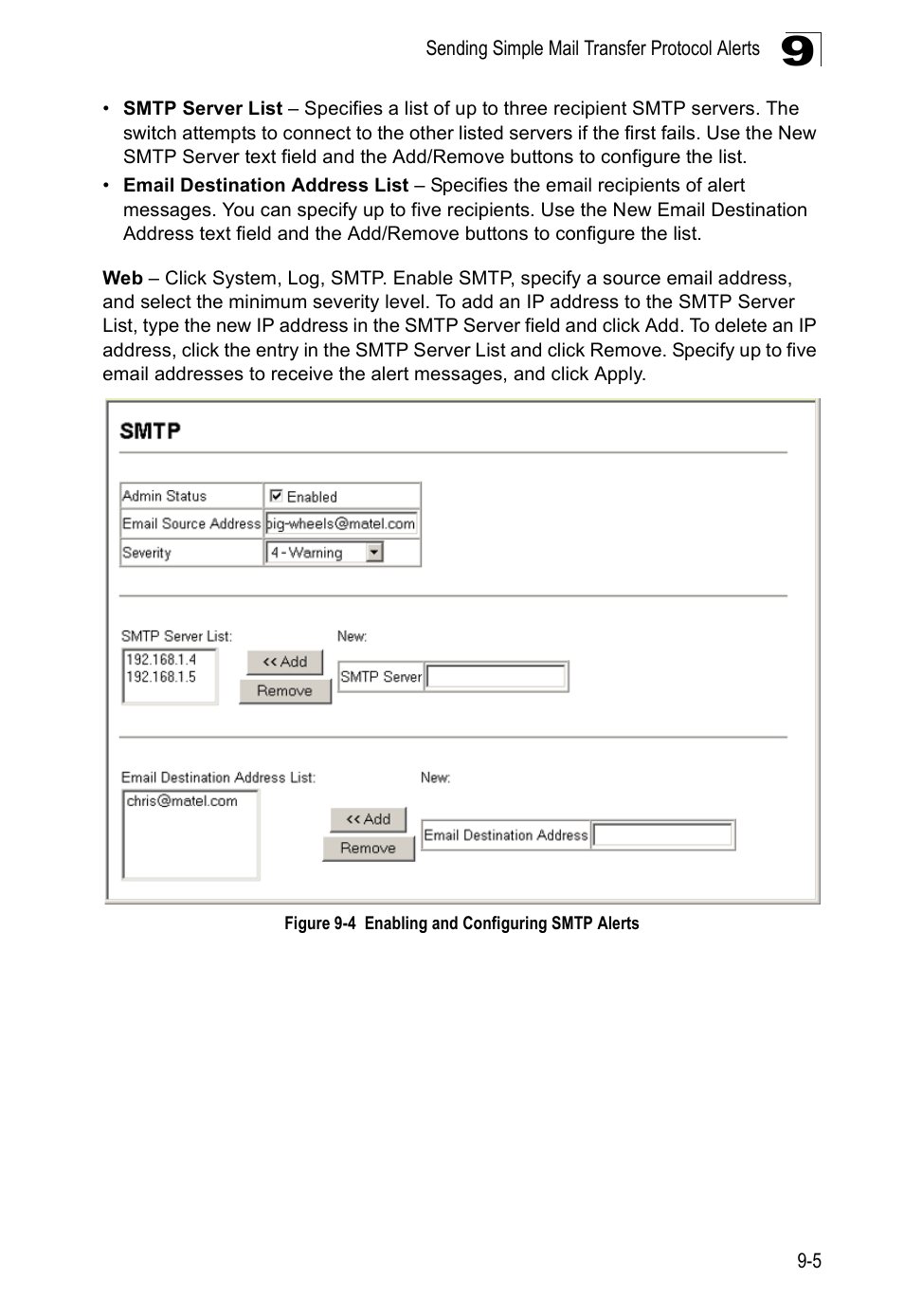 Figure 9-4, Enabling and configuring smtp alerts | Accton Technology ES4524D User Manual | Page 97 / 588