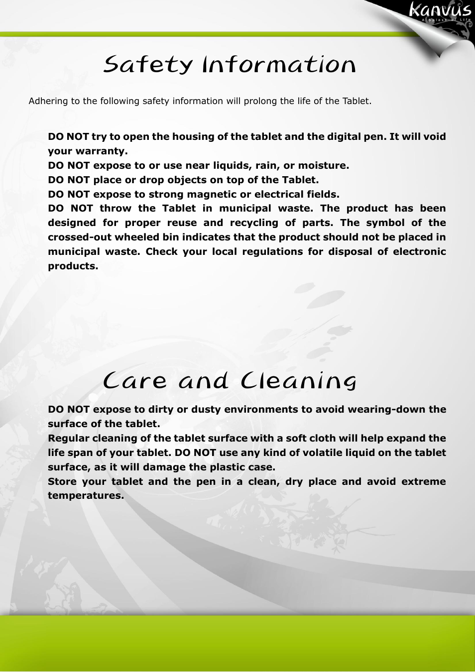 Safety information, Care and cleanin g | KWorld Kanvus Office 53 User Manual | Page 4 / 81