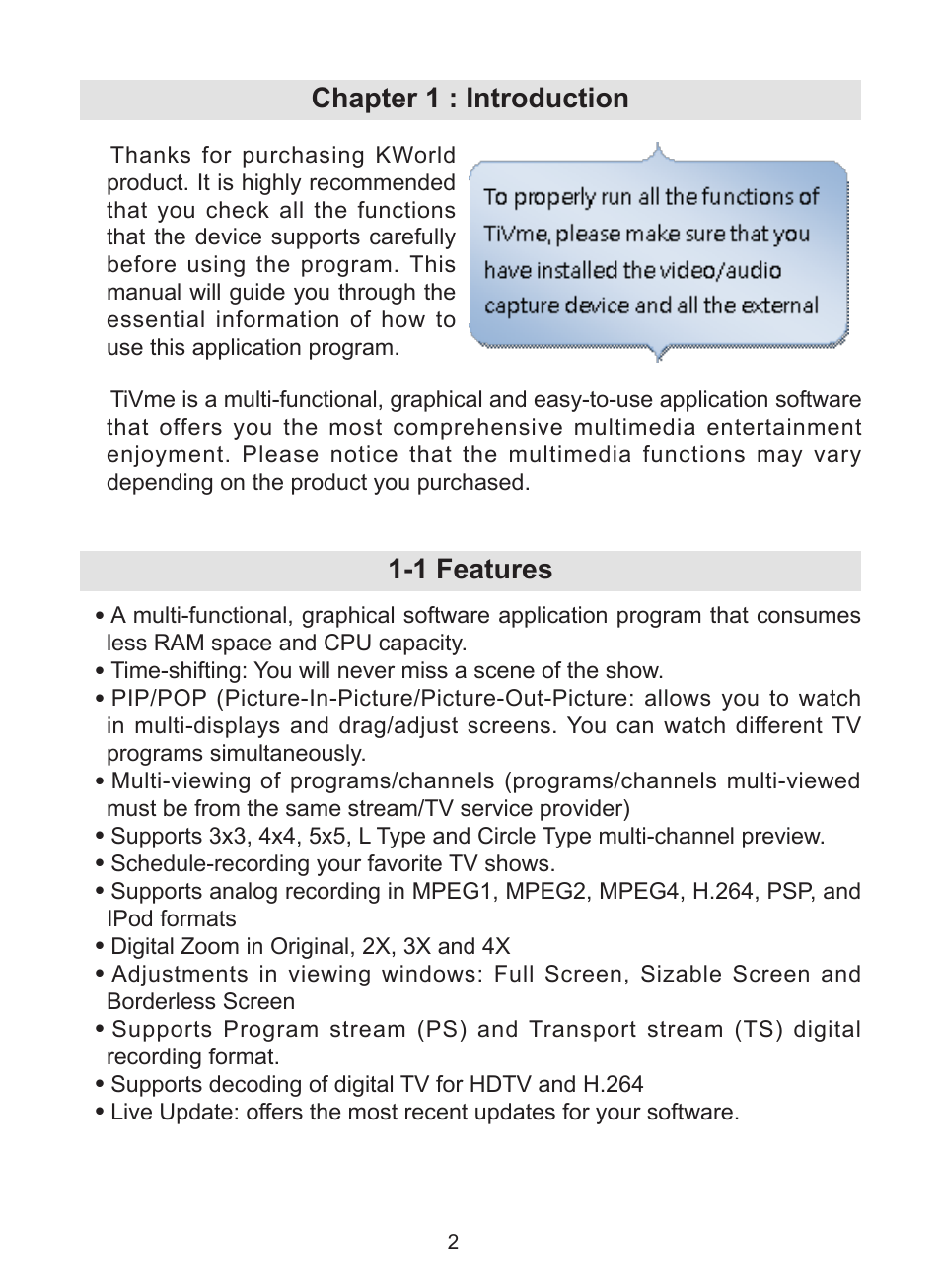 Chapter 1 : introduction 1-1 features | KWorld UB383-T User Manual | Page 2 / 49