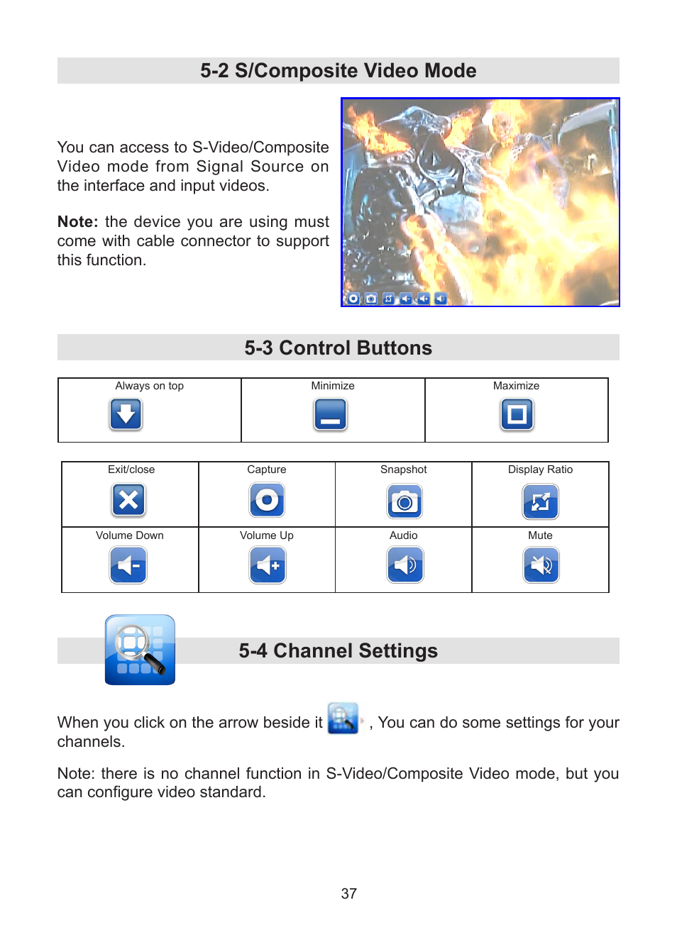 2 s/composite video mode, 3 control buttons 5-4 channel settings | KWorld UB383-T User Manual | Page 37 / 49