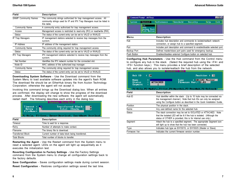 Downloading system software, Restarting the agent, Reverting configuration to factory settings | Save configuration, Reset configuration, Control menu, Configuring hub parameters | Accton Technology EtherHub-16mi + User Manual | Page 6 / 9