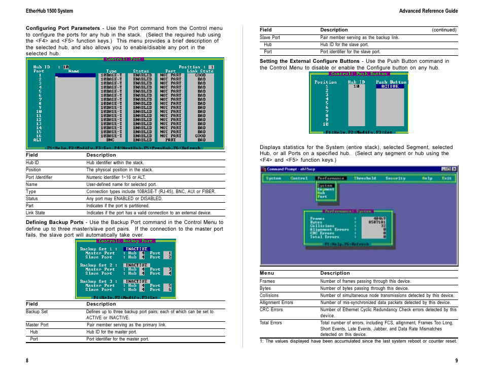 Configuring port parameters, Defining backup ports, Setting the external configure buttons | Performance menu | Accton Technology EtherHub-16mi + User Manual | Page 7 / 9