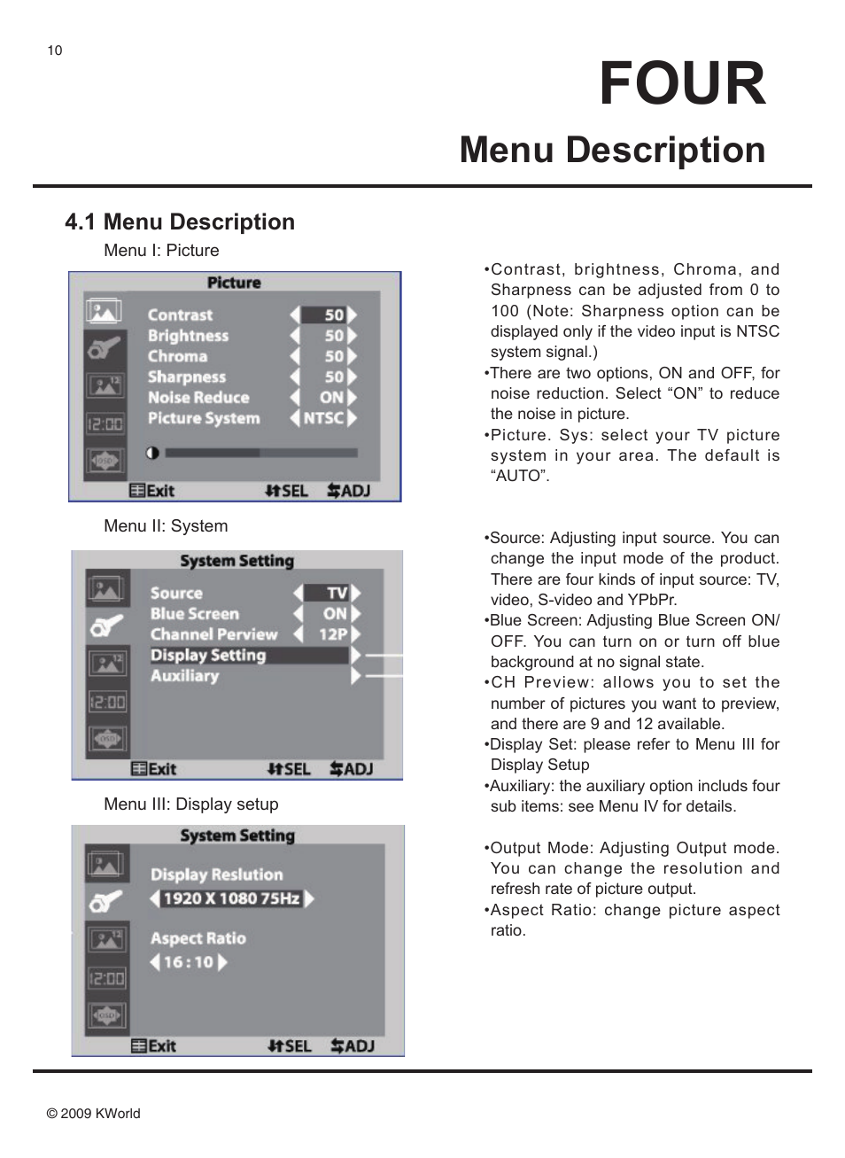 Four, Menu description, 1 menu description | KWorld SA230 User Manual | Page 10 / 17
