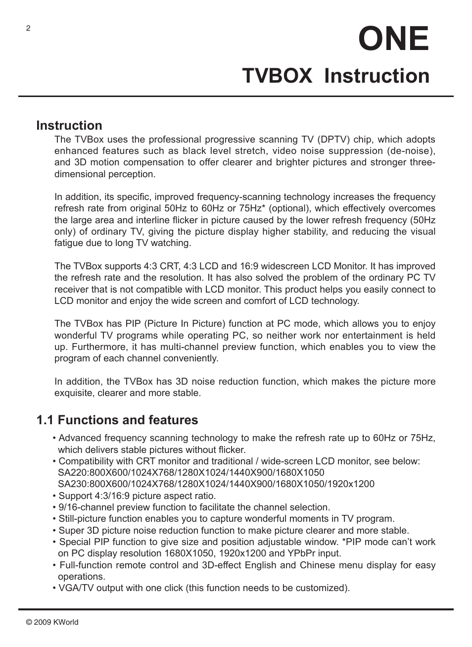 Tvbox instruction, Instruction, 1 functions and features | KWorld SA230 User Manual | Page 2 / 17