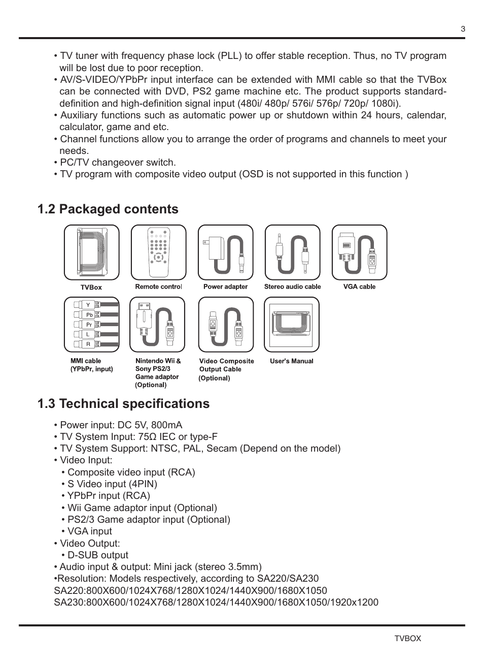 2 packaged contents 1.3 technical specifications | KWorld SA230 User Manual | Page 3 / 17