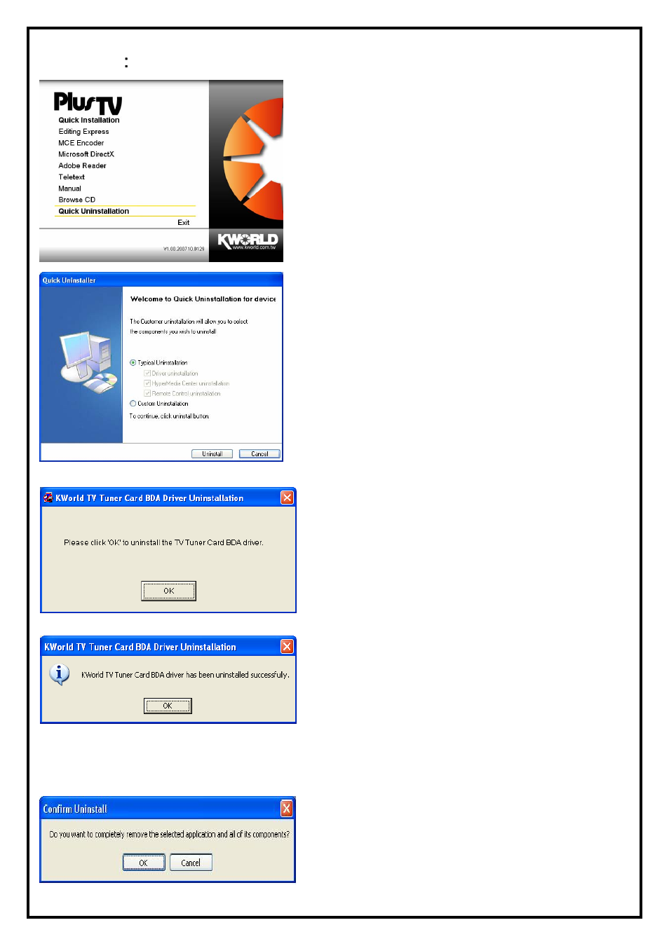 Chapter 3：pvr-tv 7131 quick uninstallation, 1 the driver uninstallation of pvr-tv 7131, 2 hypermedia application uninstallation | Chapter 3 : pvr-tv 7131 quick uninstallation, Uninstallation | KWorld PVR-TV 7131 SE User Manual | Page 6 / 9