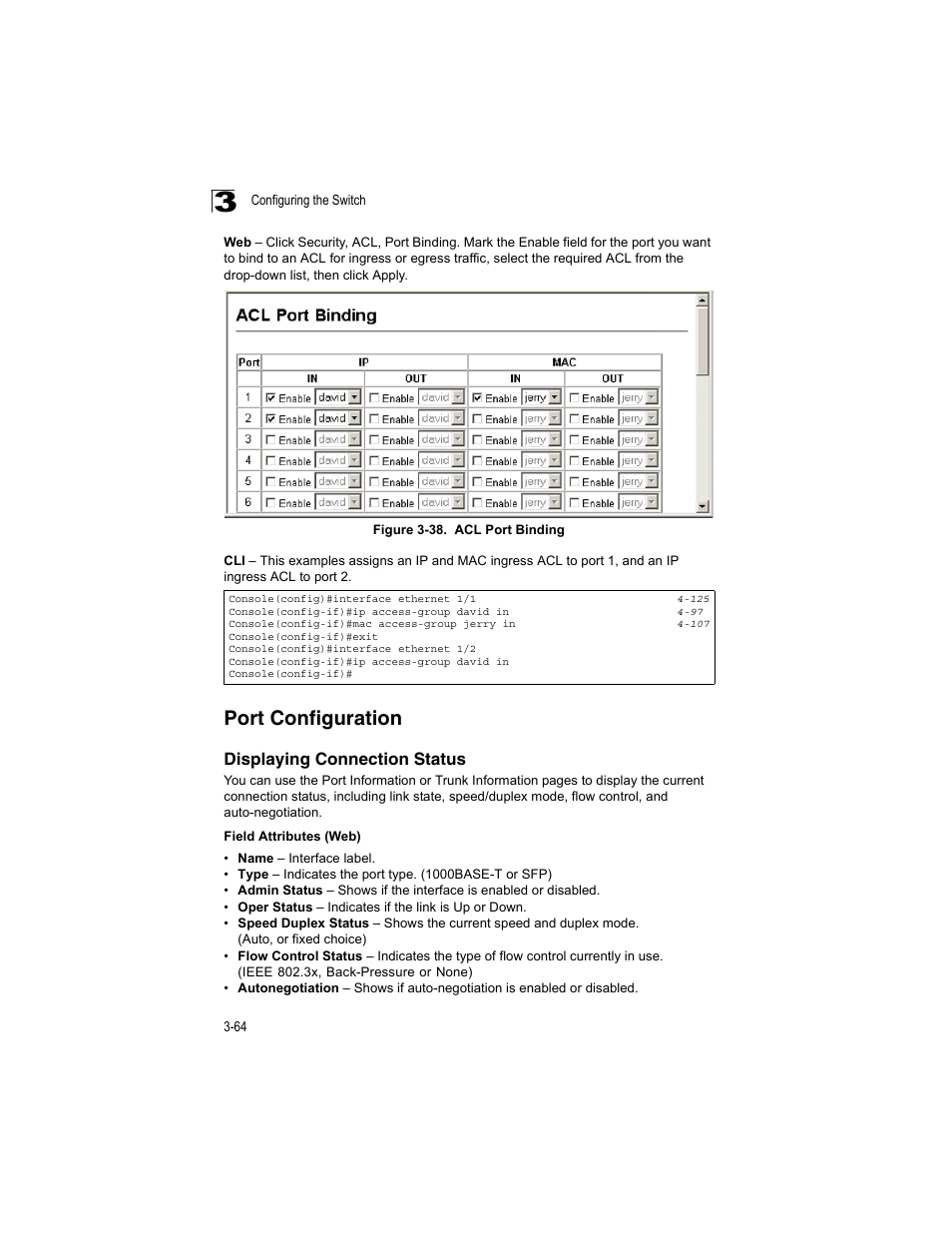 Port configuration, Displaying connection status, Figure 3-38 | Acl port binding | Accton Technology ES4512C User Manual | Page 102 / 426
