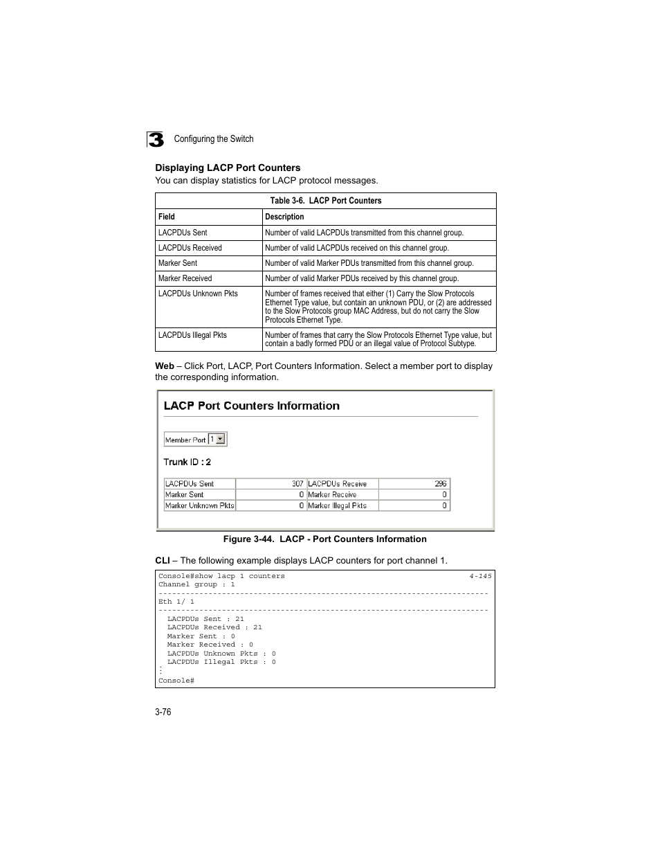 Displaying lacp port counters, Table 3-6, Lacp port counters | Figure 3-44, Lacp - port counters information | Accton Technology ES4512C User Manual | Page 114 / 426
