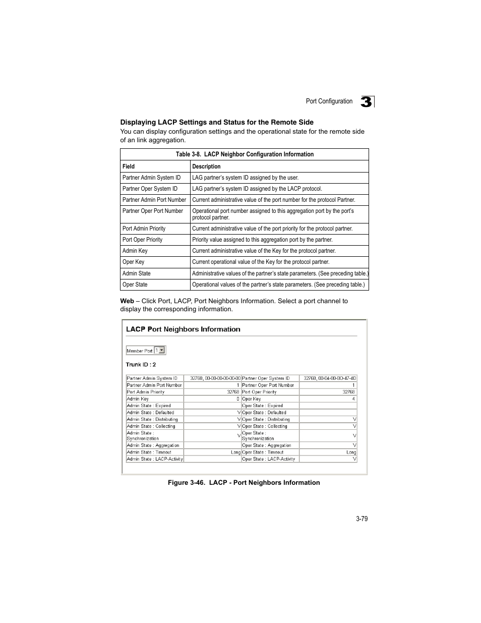 Table 3-8, Lacp neighbor configuration information, Figure 3-46 | Lacp - port neighbors information | Accton Technology ES4512C User Manual | Page 117 / 426