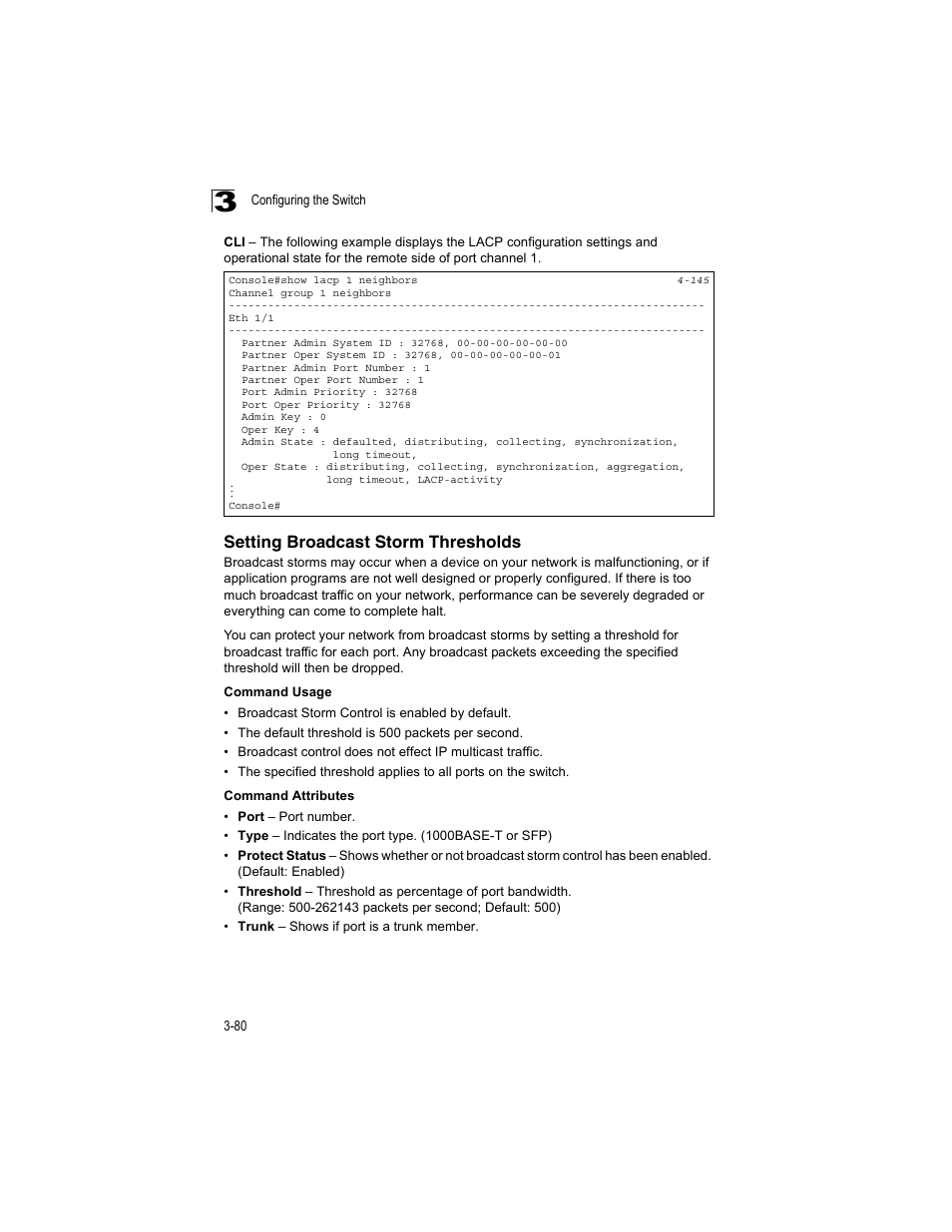 Setting broadcast storm thresholds | Accton Technology ES4512C User Manual | Page 118 / 426