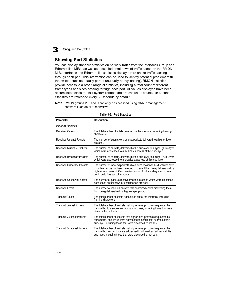 Showing port statistics, Table 3-9, Port statistics | Accton Technology ES4512C User Manual | Page 122 / 426