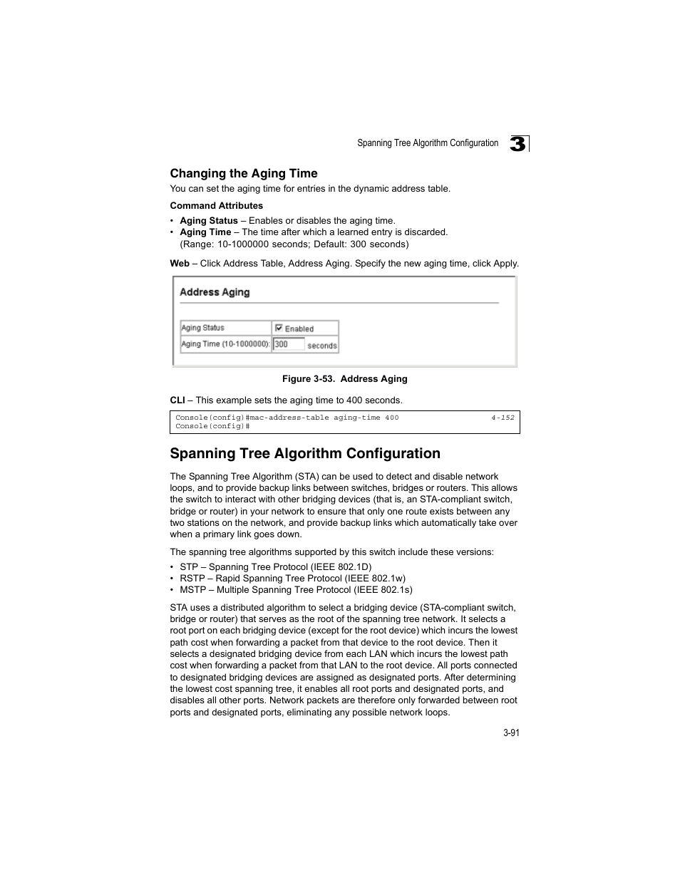 Changing the aging time, Spanning tree algorithm configuration, Figure 3-53 | Address aging | Accton Technology ES4512C User Manual | Page 129 / 426