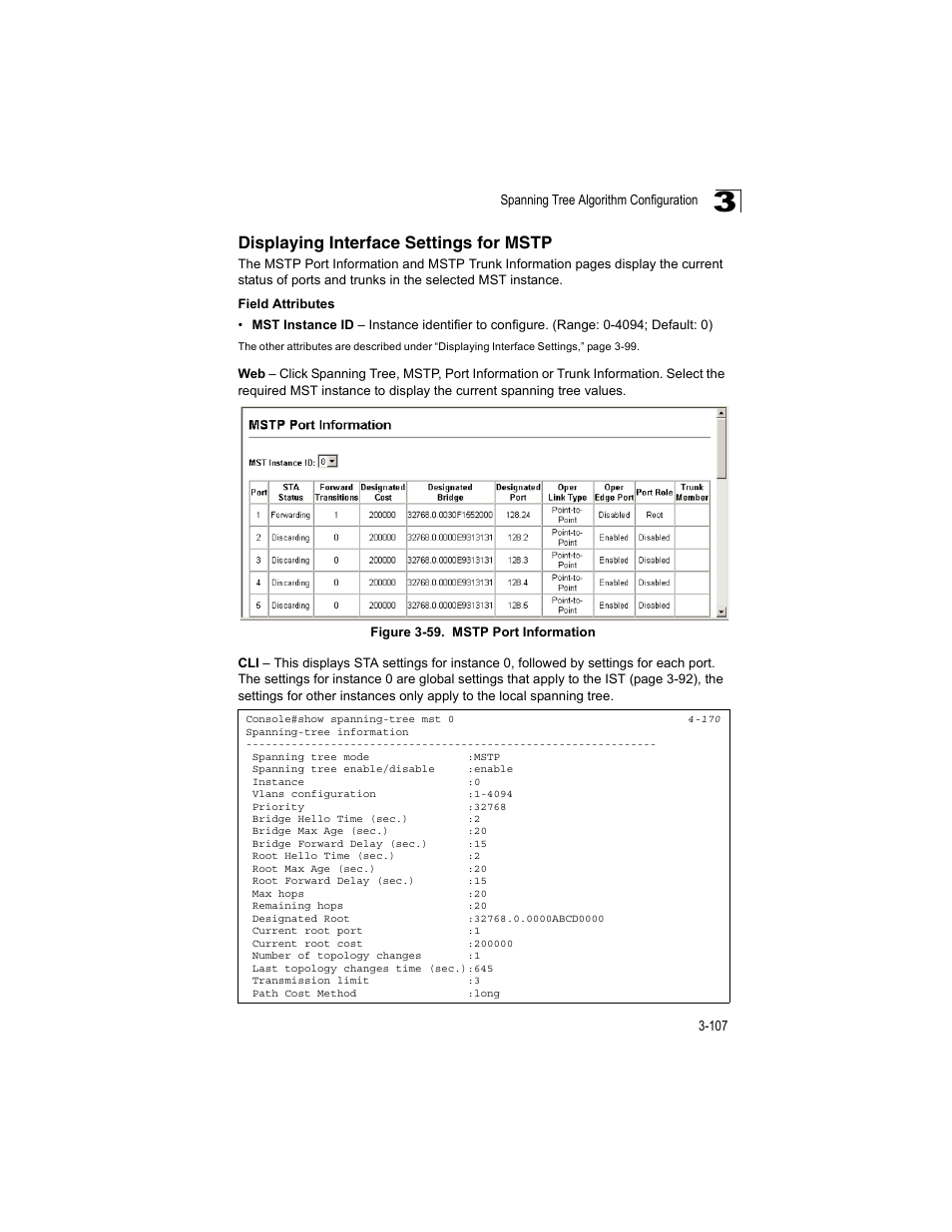 Displaying interface settings for mstp, Figure 3-59, Mstp port information | Accton Technology ES4512C User Manual | Page 145 / 426