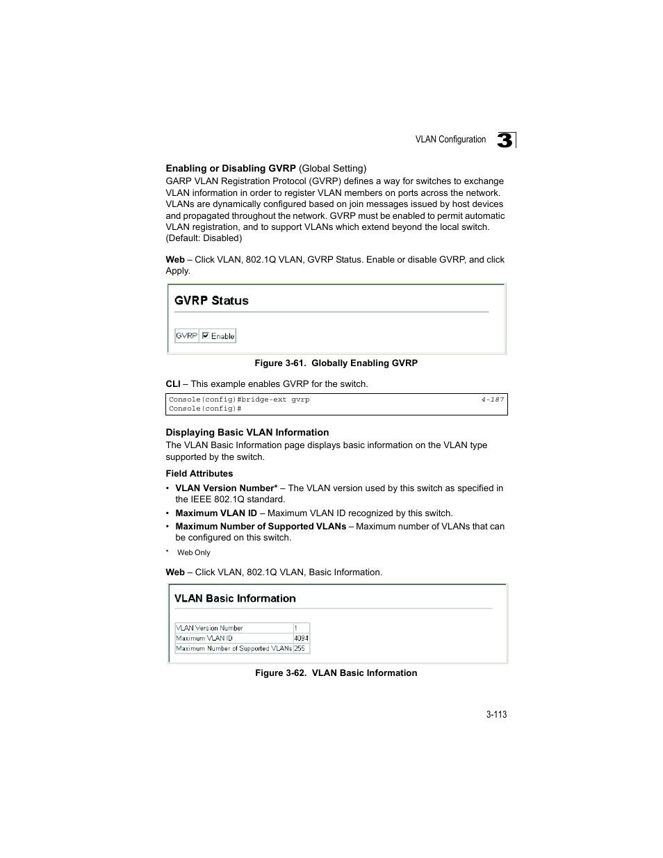 Enabling or disabling gvrp (global setting), Displaying basic vlan information, Figure 3-61 | Globally enabling gvrp, Figure 3-62, Vlan basic information | Accton Technology ES4512C User Manual | Page 151 / 426