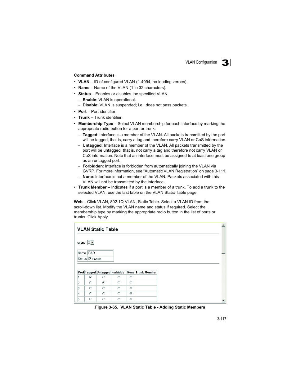 Figure 3-65, Vlan static table - adding static members | Accton Technology ES4512C User Manual | Page 155 / 426