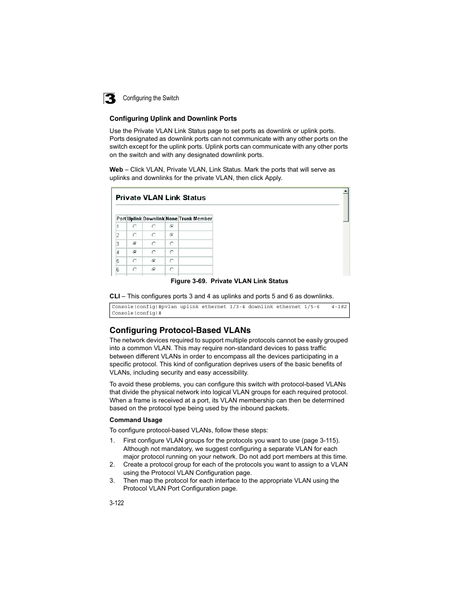 Configuring protocol-based vlans, Configuring uplink and downlink ports, Figure 3-69 | Private vlan link status | Accton Technology ES4512C User Manual | Page 160 / 426