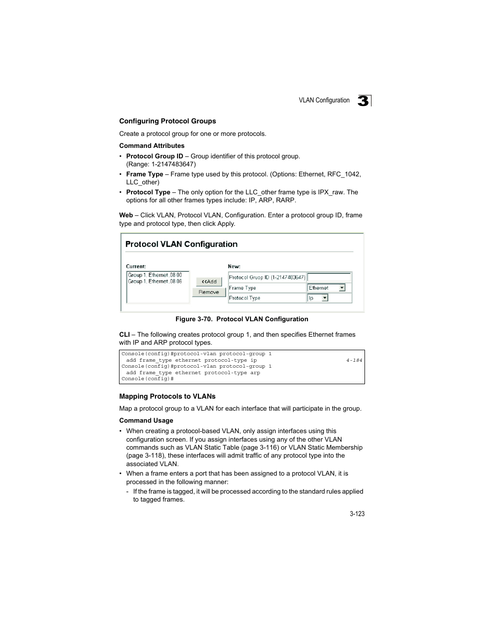 Configuring protocol groups, Mapping protocols to vlans, Figure 3-70 | Protocol vlan configuration | Accton Technology ES4512C User Manual | Page 161 / 426