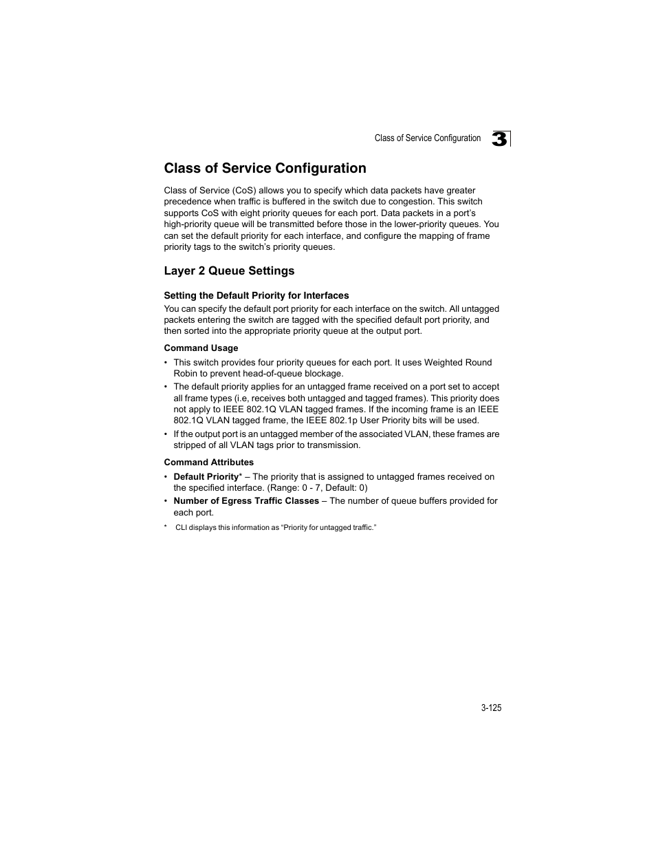 Class of service configuration, Layer 2 queue settings, Setting the default priority for interfaces | Accton Technology ES4512C User Manual | Page 163 / 426