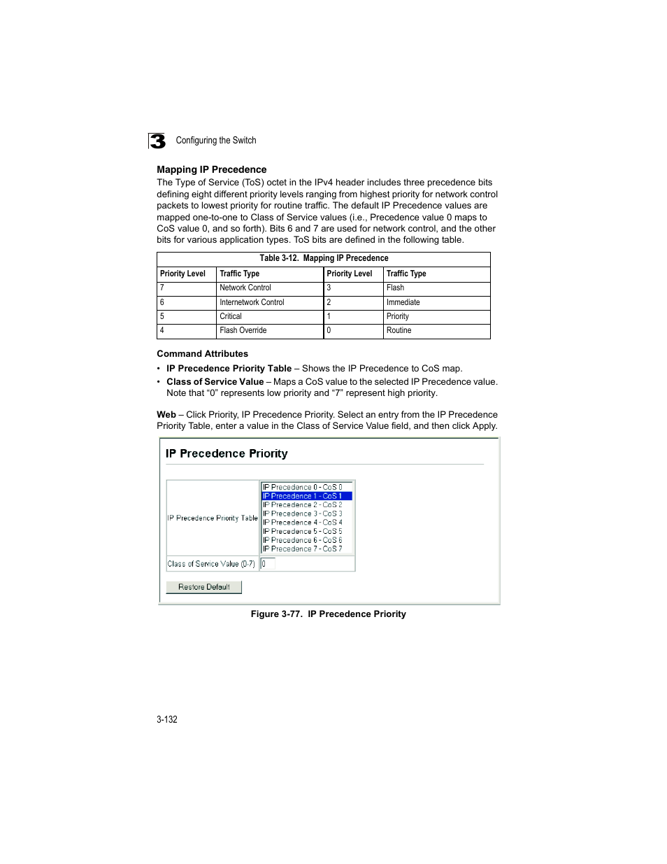 Mapping ip precedence, Table 3-12, Figure 3-77 | Ip precedence priority | Accton Technology ES4512C User Manual | Page 170 / 426