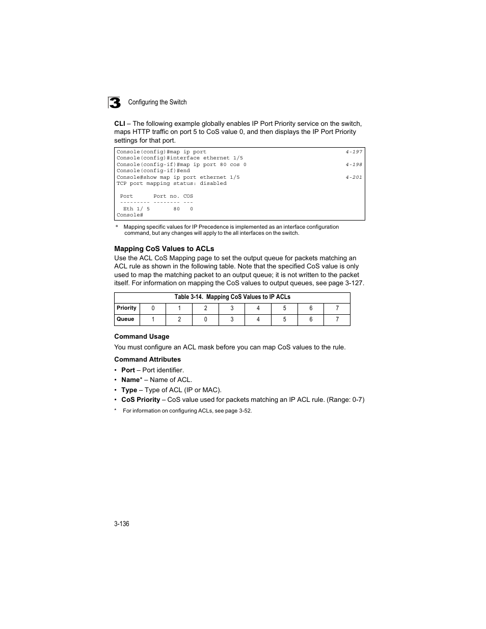 Mapping cos values to acls, Table 3-14, Mapping cos values to ip acls | Accton Technology ES4512C User Manual | Page 174 / 426