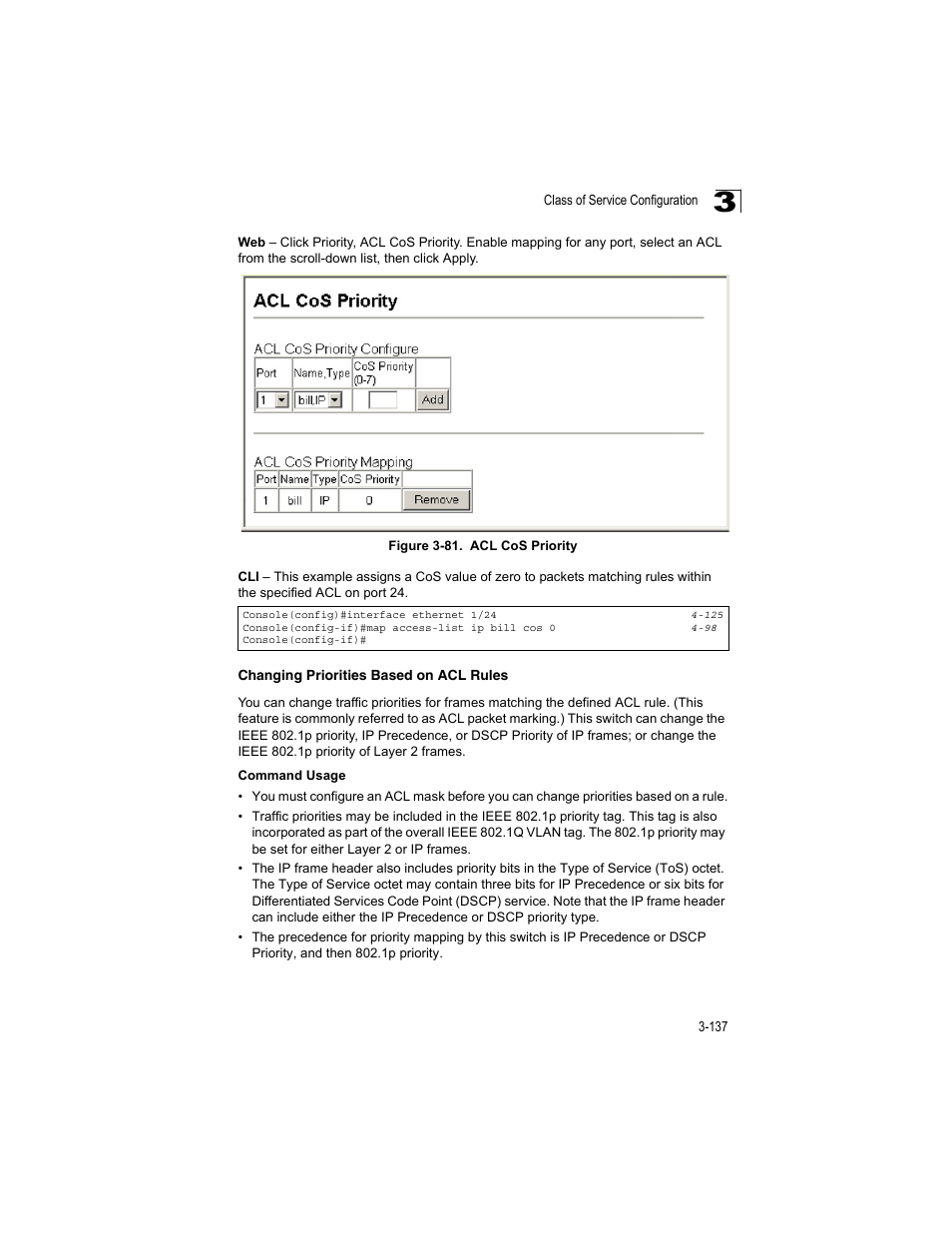 Changing priorities based on acl rules, Figure 3-81, Acl cos priority | Accton Technology ES4512C User Manual | Page 175 / 426