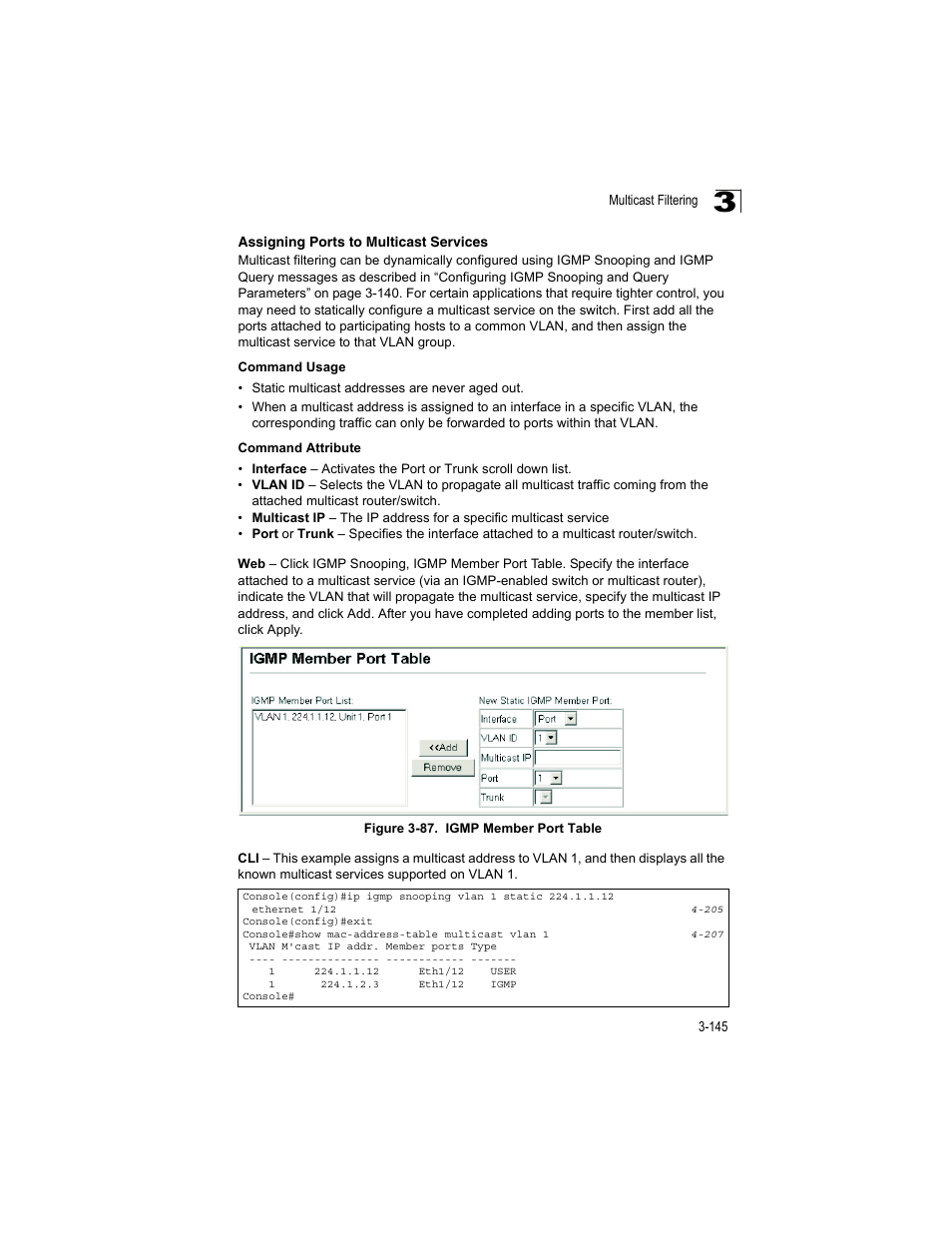 Assigning ports to multicast services, Figure 3-87, Igmp member port table | Accton Technology ES4512C User Manual | Page 183 / 426