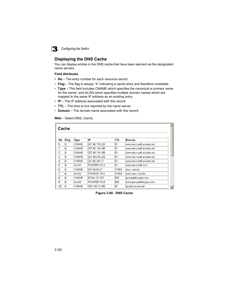 Displaying the dns cache, Figure 3-90, Dns cache | Accton Technology ES4512C User Manual | Page 188 / 426