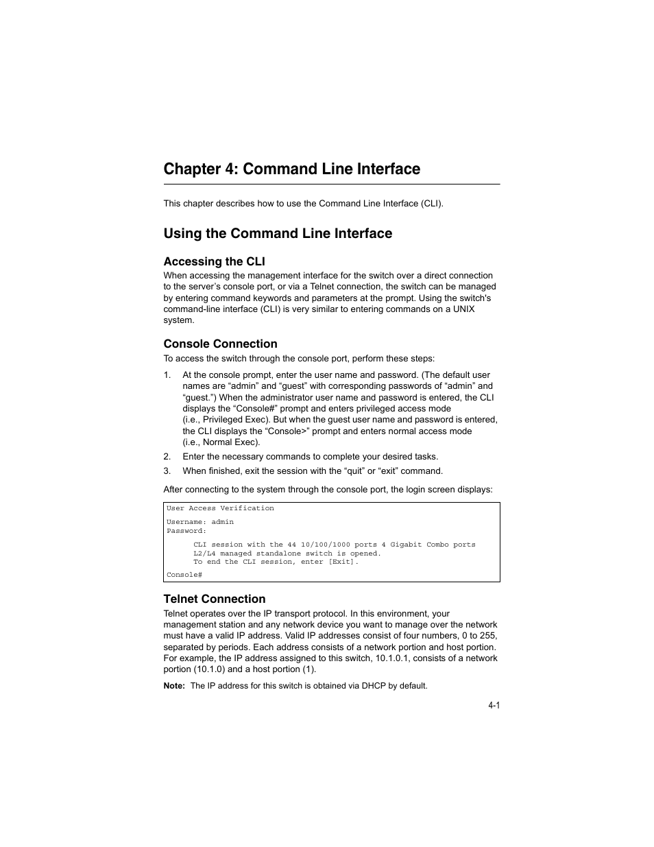 Chapter 4: command line interface, Using the command line interface, Accessing the cli | Console connection, Telnet connection, To chapter 4: “command line interface | Accton Technology ES4512C User Manual | Page 191 / 426