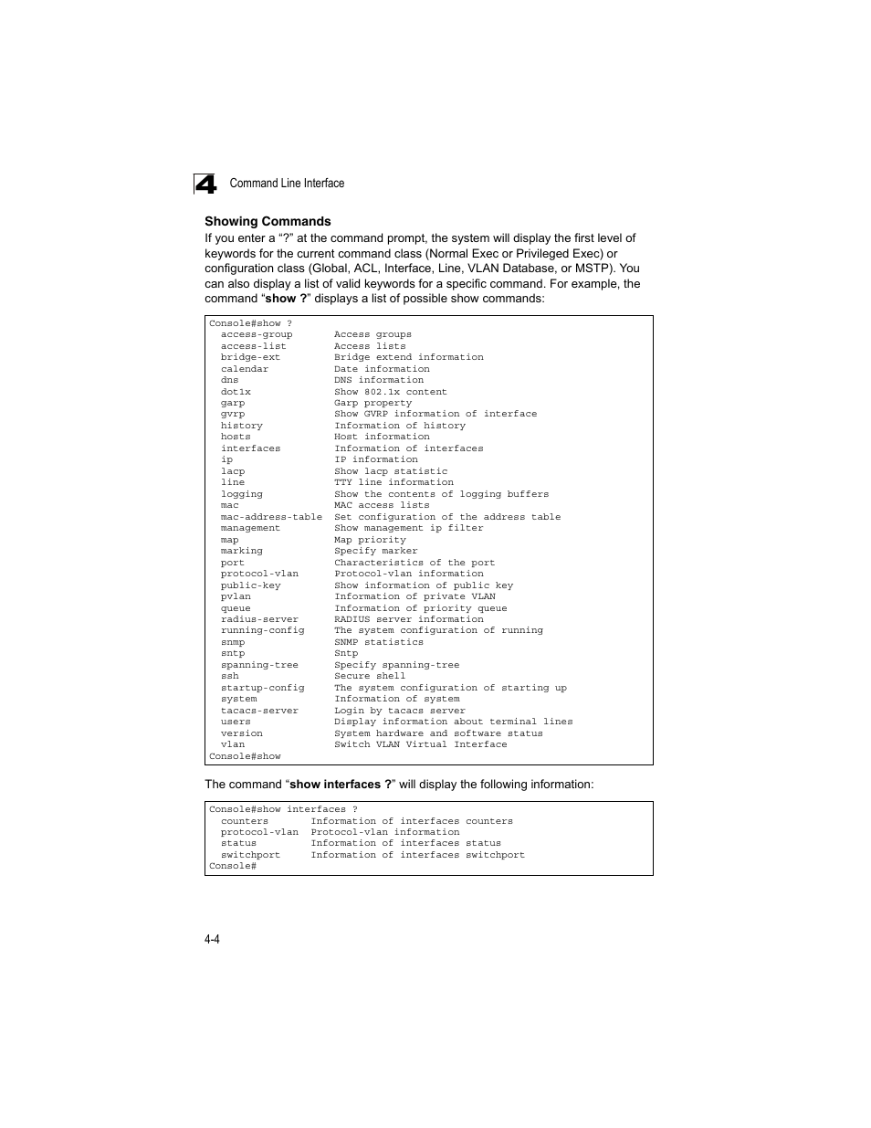 Showing commands | Accton Technology ES4512C User Manual | Page 194 / 426