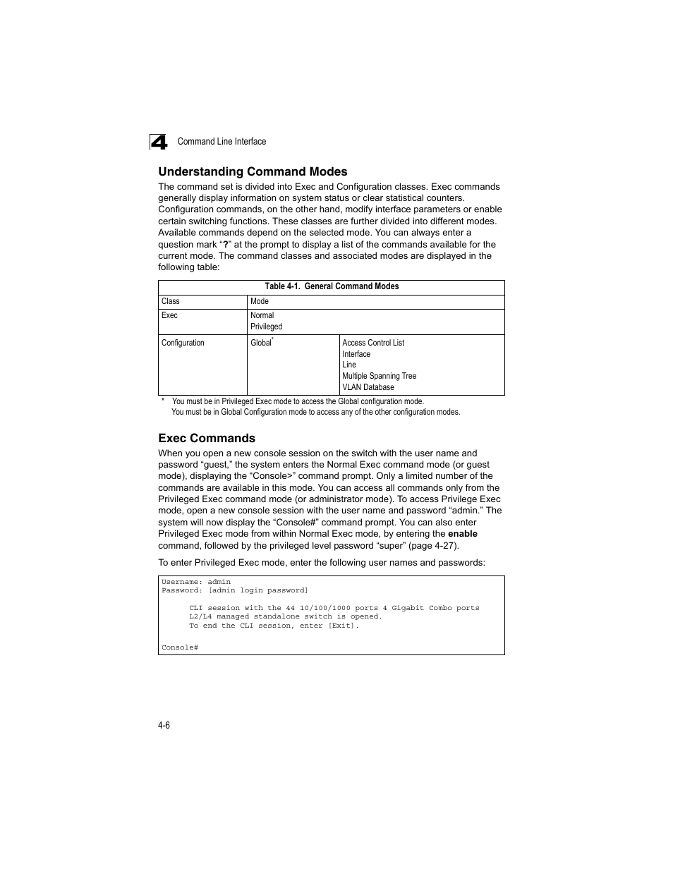 Understanding command modes, Exec commands, Table 4-1 | General command modes | Accton Technology ES4512C User Manual | Page 196 / 426
