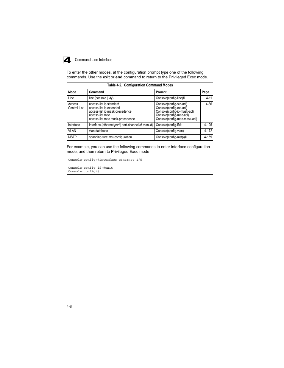 Table 4-2, Configuration command modes | Accton Technology ES4512C User Manual | Page 198 / 426