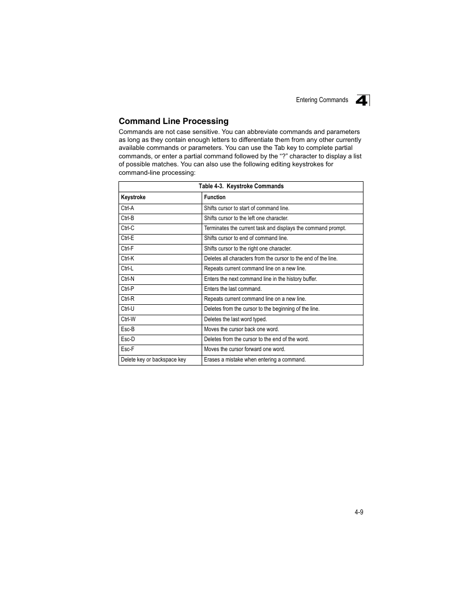 Command line processing, Table 4-3, Keystroke commands | Accton Technology ES4512C User Manual | Page 199 / 426