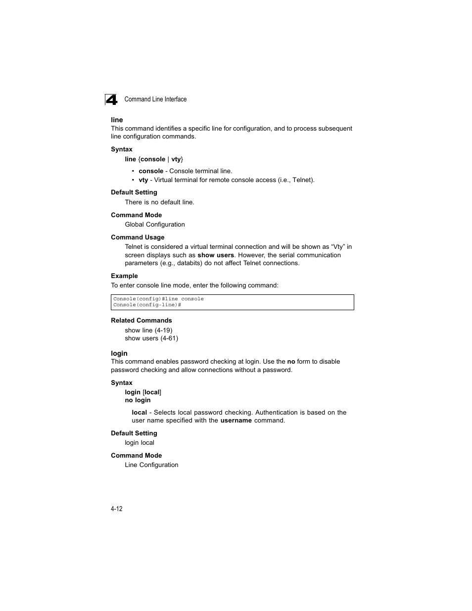 Line, Login, Line 4-12 login 4-12 | Accton Technology ES4512C User Manual | Page 202 / 426