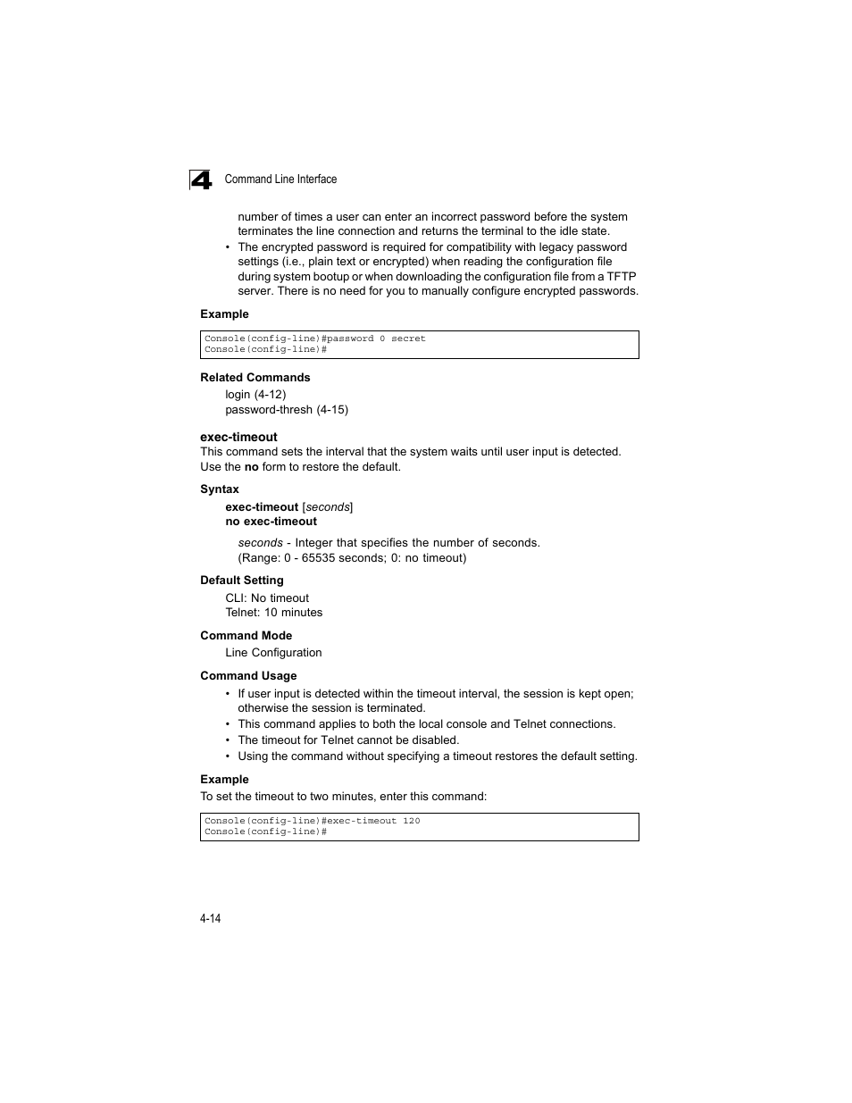 Exec-timeout, Exec-timeout 4-14 | Accton Technology ES4512C User Manual | Page 204 / 426