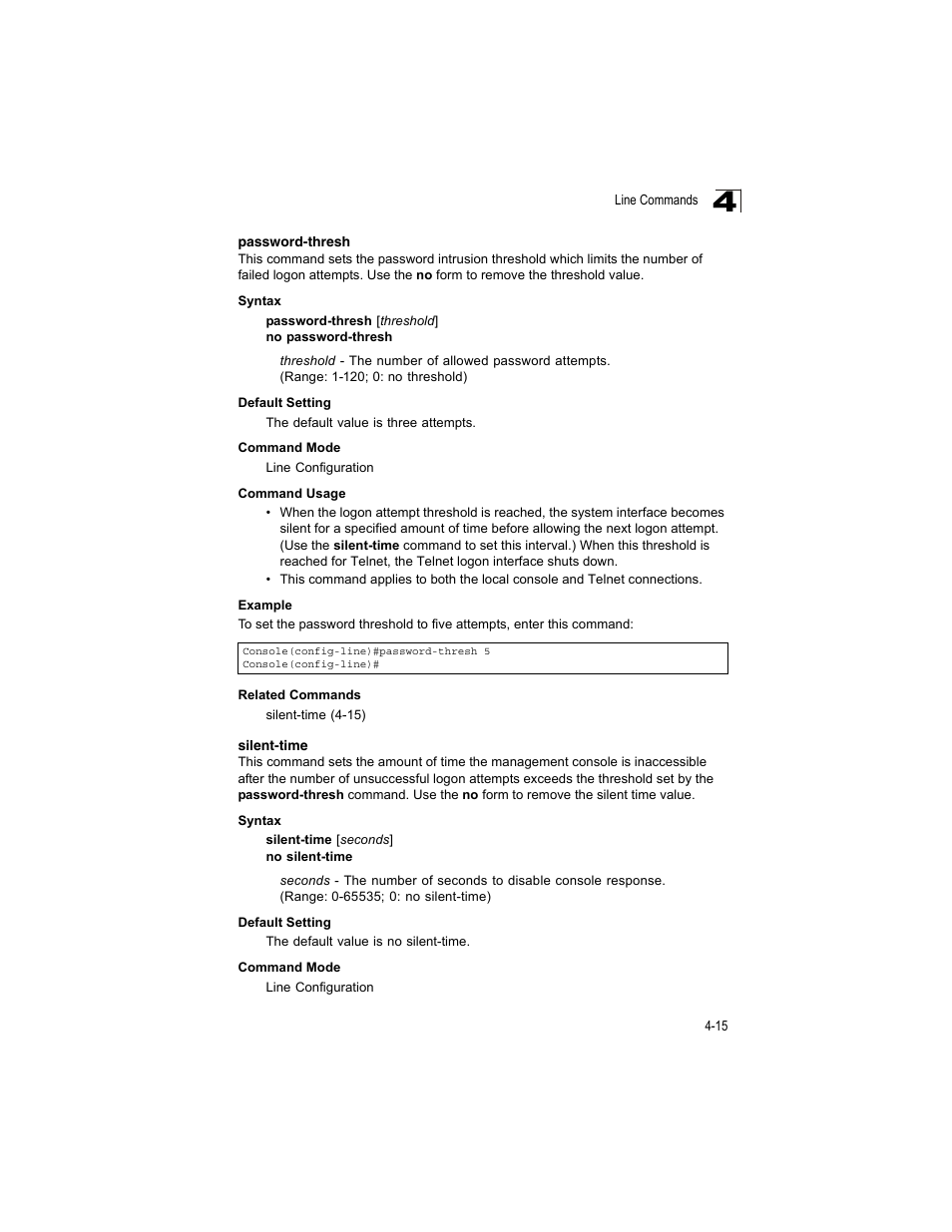 Password-thresh, Silent-time, Password-thresh 4-15 silent-time 4-15 | Accton Technology ES4512C User Manual | Page 205 / 426