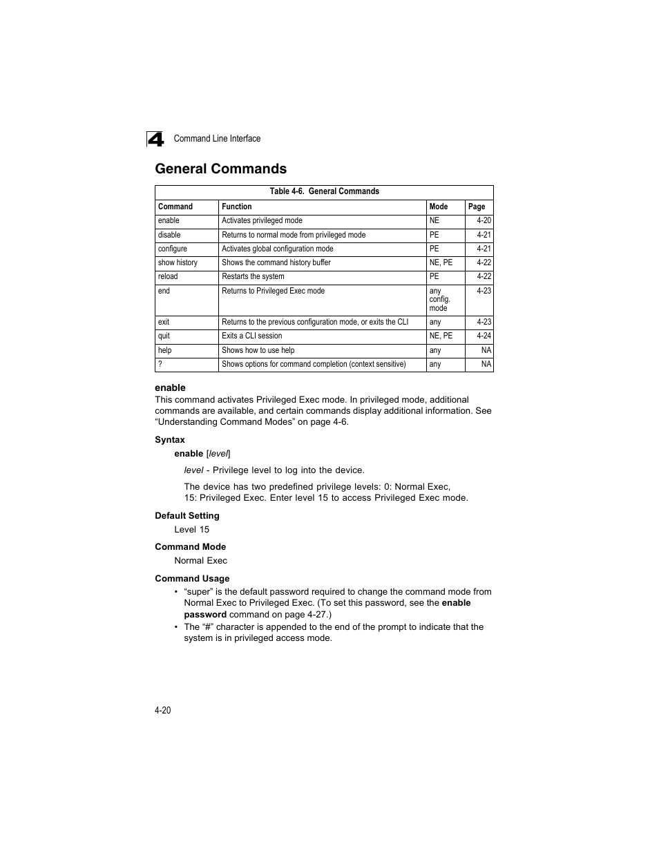 General commands, Enable, Enable 4-20 | Table 4-6 | Accton Technology ES4512C User Manual | Page 210 / 426