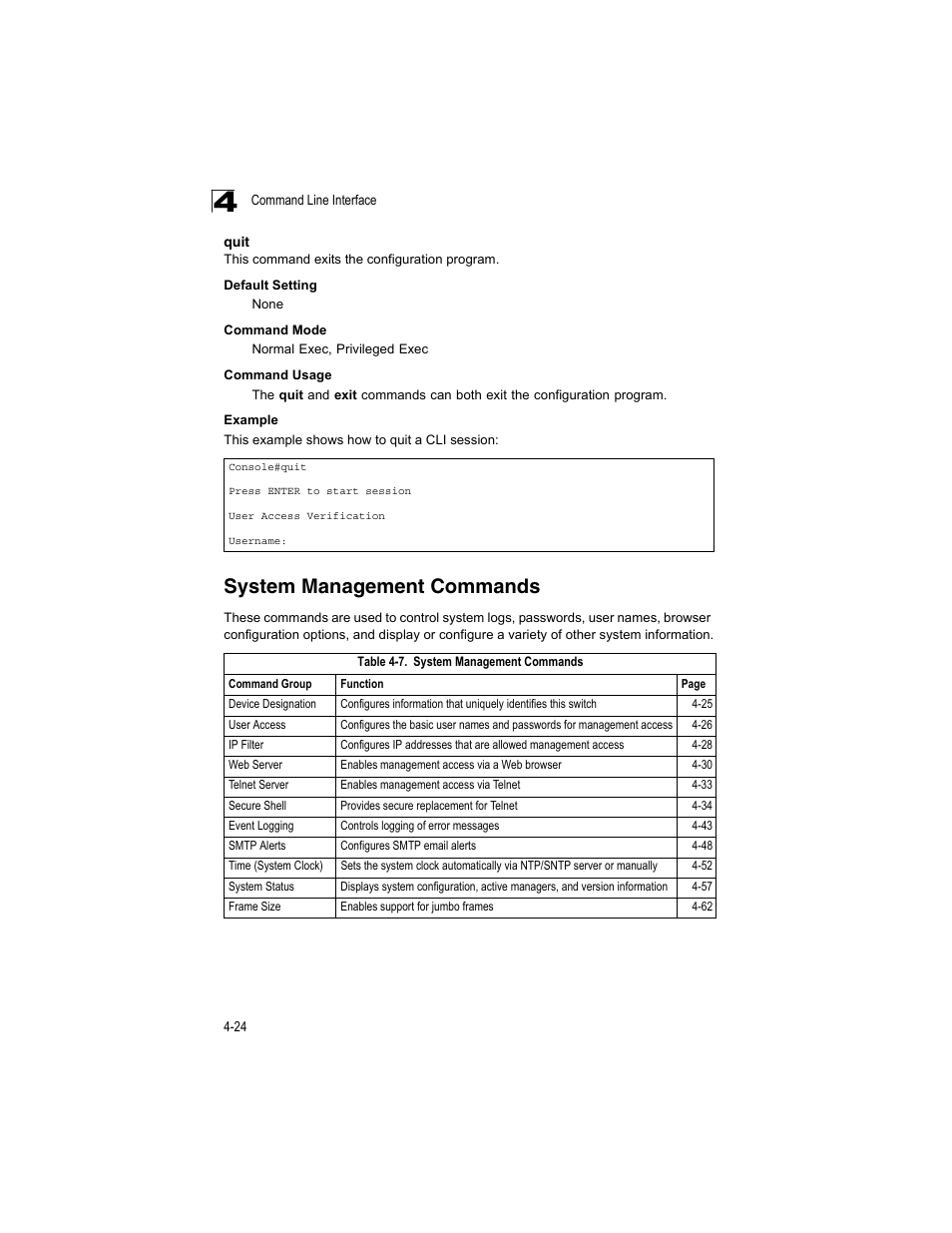 Quit, System management commands, Quit 4-24 | Table 4-7 | Accton Technology ES4512C User Manual | Page 214 / 426