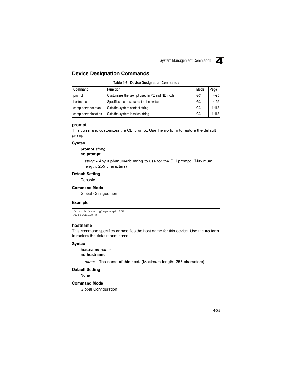 Device designation commands, Prompt 4-25 hostname 4-25, Table 4-8 | Accton Technology ES4512C User Manual | Page 215 / 426