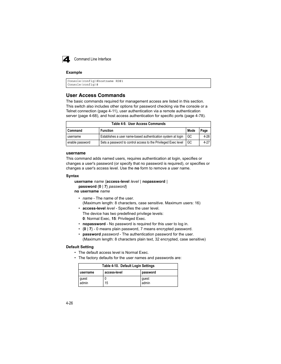 User access commands, Username 4-26, Table 4-9 | Table 4-10, Default login settings | Accton Technology ES4512C User Manual | Page 216 / 426