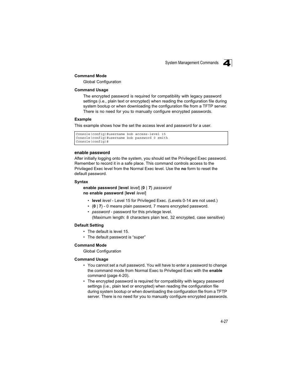 Enable password, Age 4-27.), Enable password (4-27) | Accton Technology ES4512C User Manual | Page 217 / 426