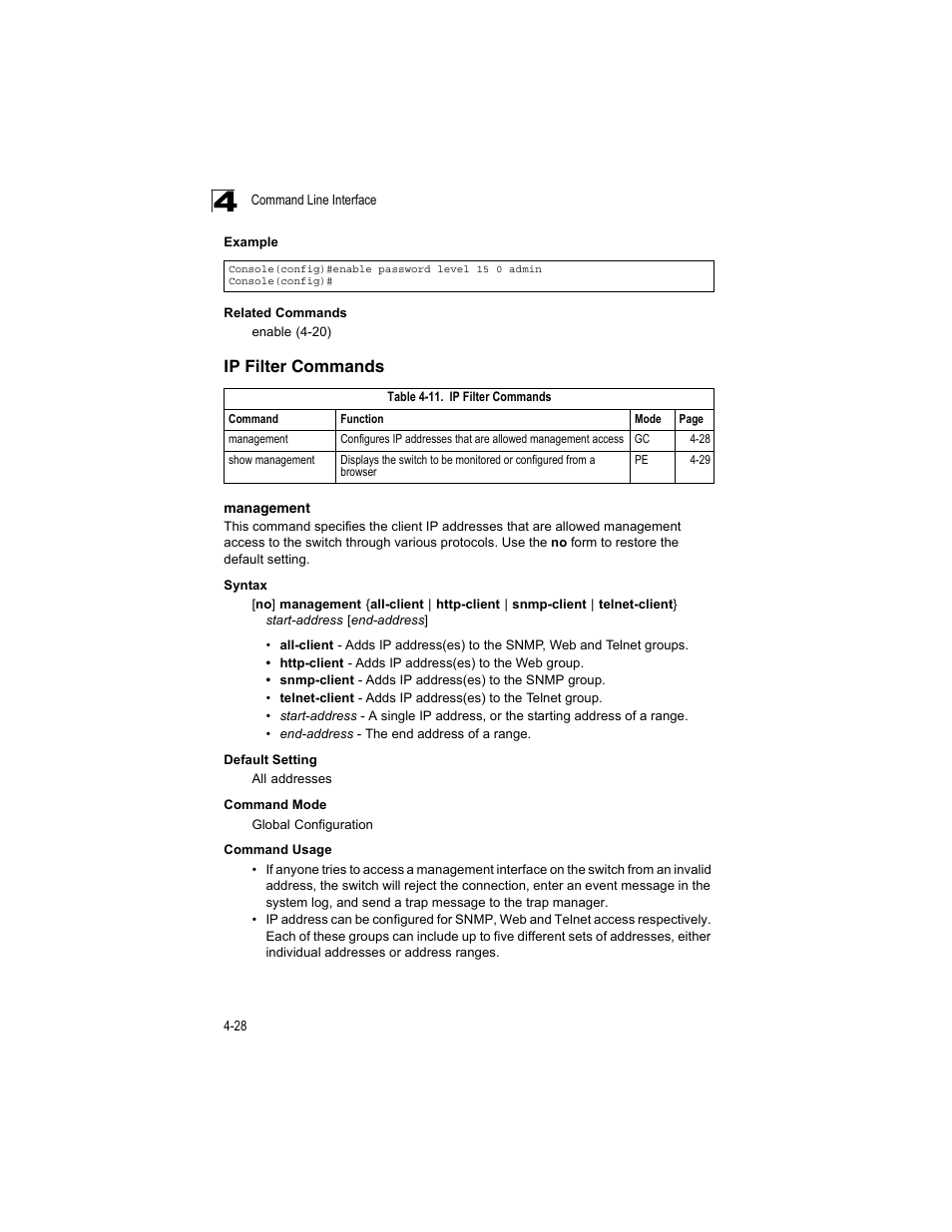 Ip filter commands, Management 4-28, Table 4-11 | Accton Technology ES4512C User Manual | Page 218 / 426
