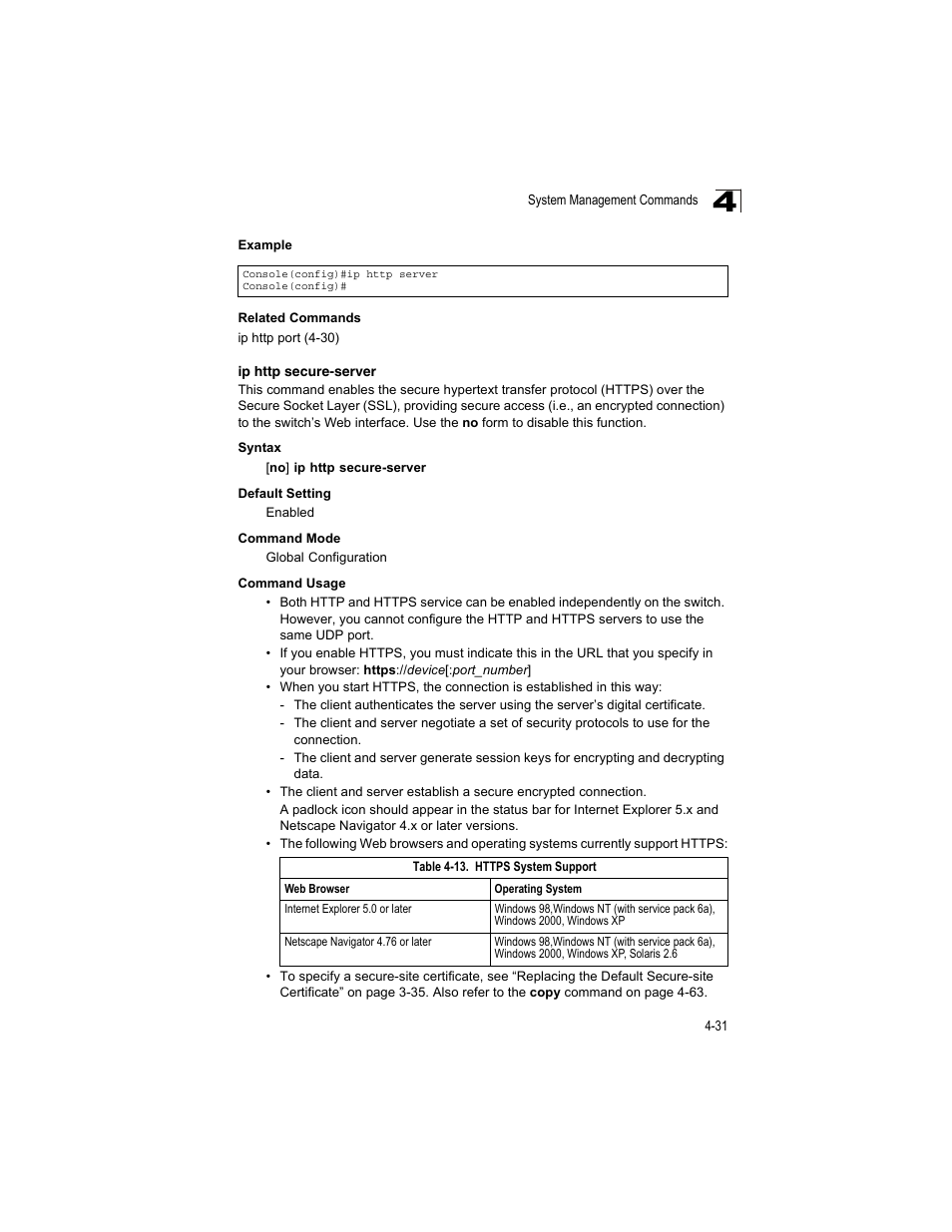 Ip http secure-server, Table 4-13, Https system support | Accton Technology ES4512C User Manual | Page 221 / 426