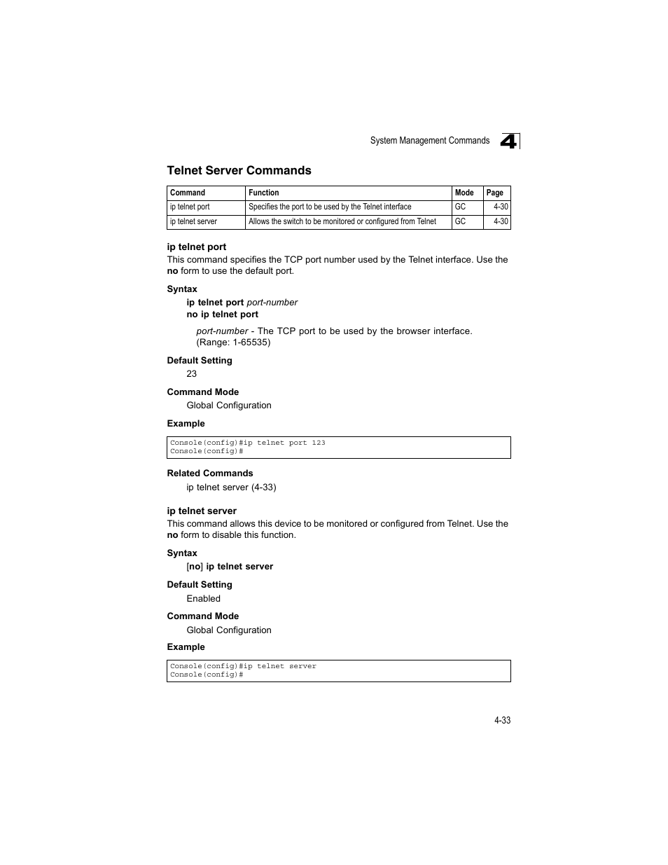 Telnet server commands, Ip telnet port, Ip telnet server | Accton Technology ES4512C User Manual | Page 223 / 426