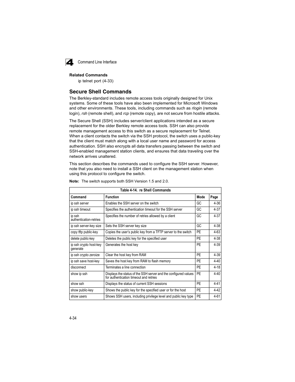 Secure shell commands, Table 4-14, Re shell commands | Accton Technology ES4512C User Manual | Page 224 / 426