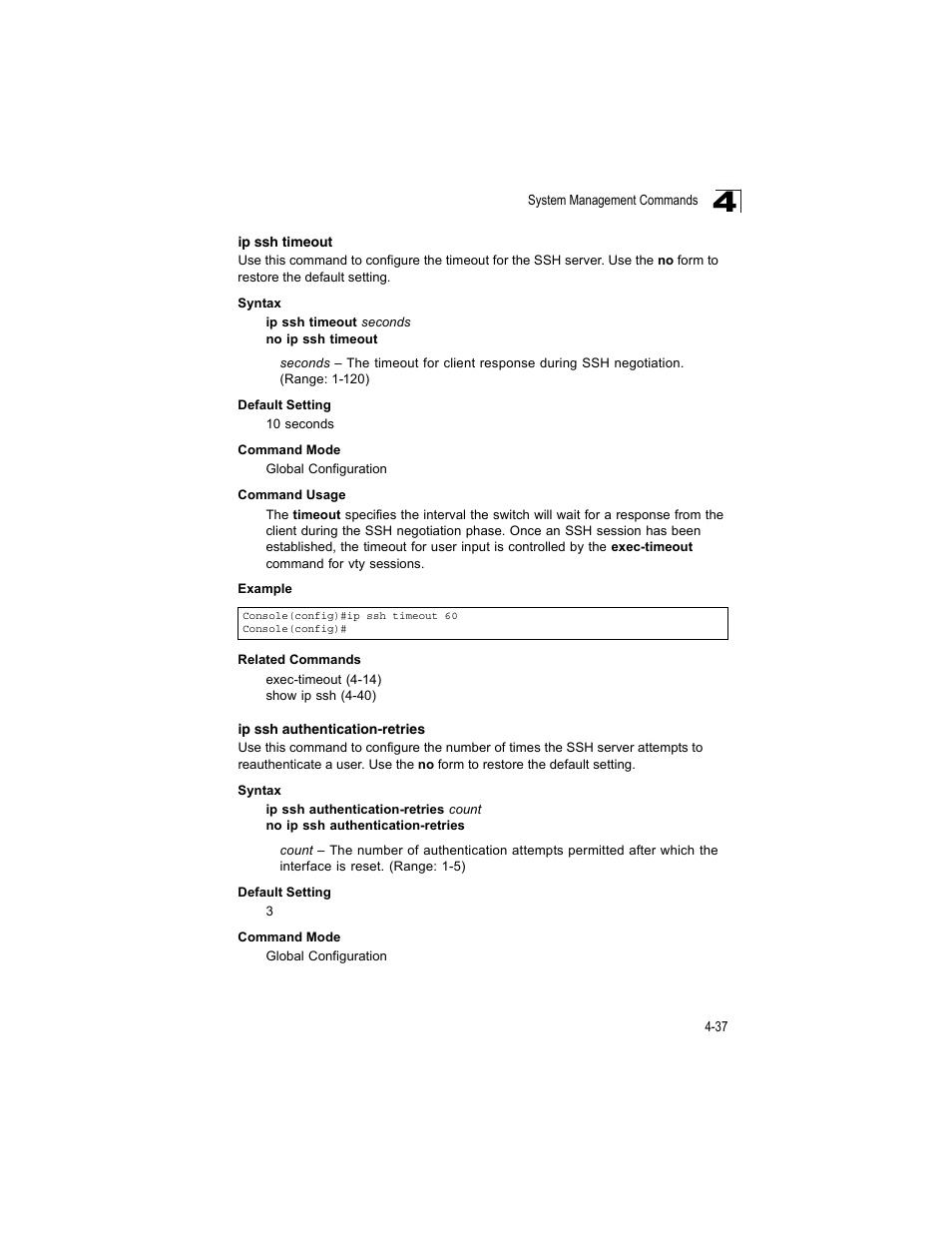 Ip ssh timeout, Ip ssh authentication-retries | Accton Technology ES4512C User Manual | Page 227 / 426