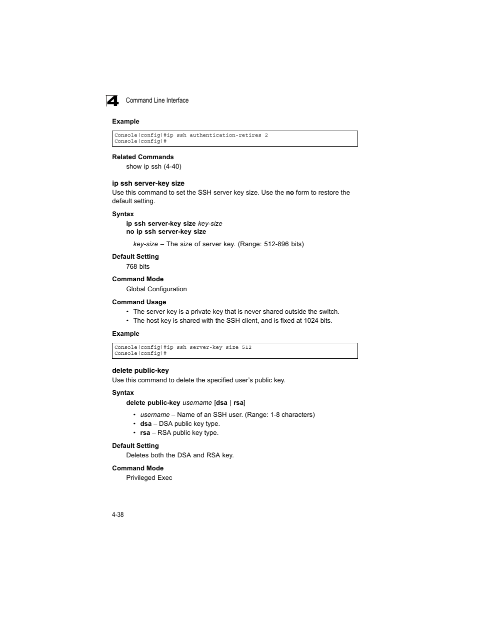 Ip ssh server-key size, Delete public-key | Accton Technology ES4512C User Manual | Page 228 / 426