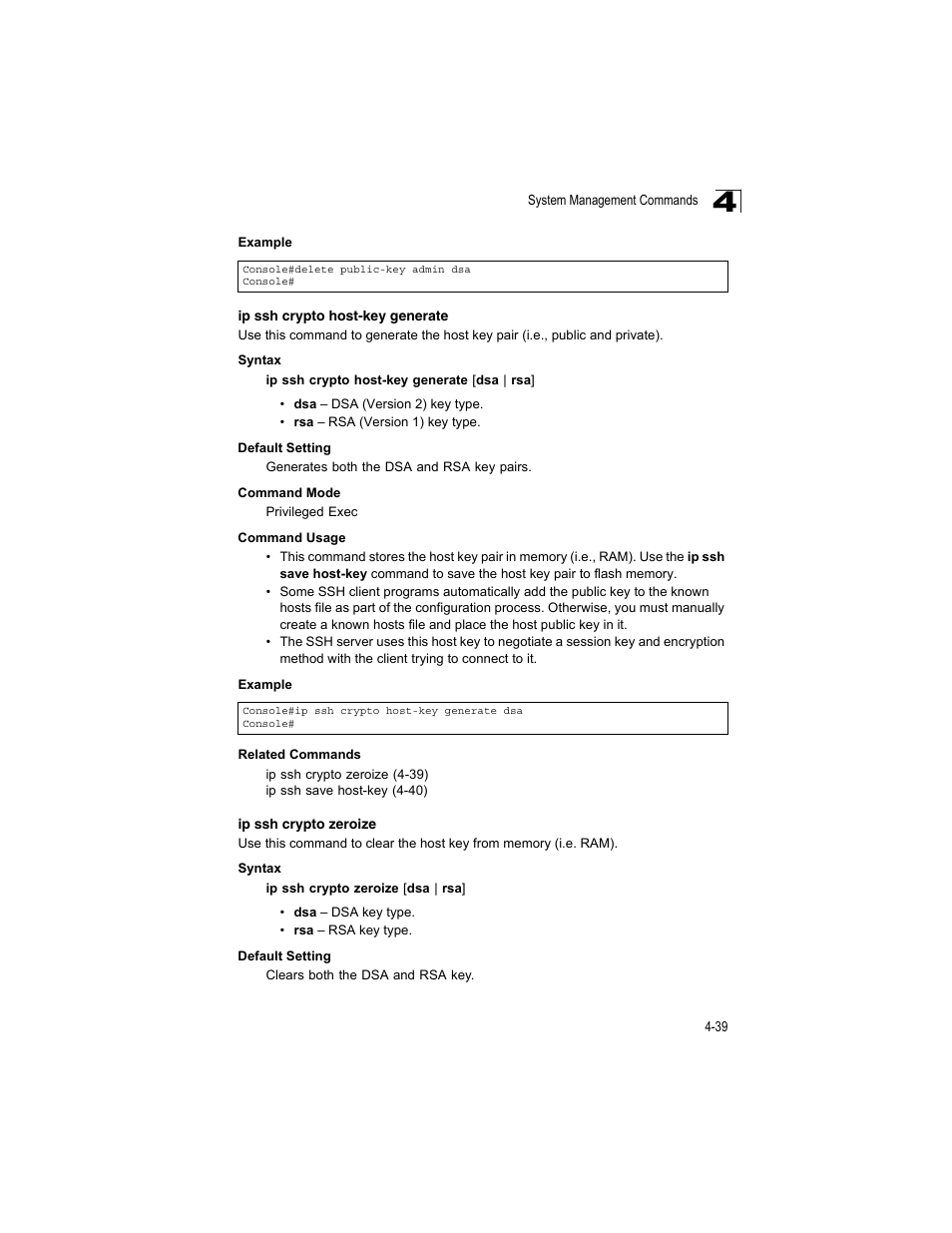 Ip ssh crypto host-key generate, Ip ssh crypto zeroize | Accton Technology ES4512C User Manual | Page 229 / 426