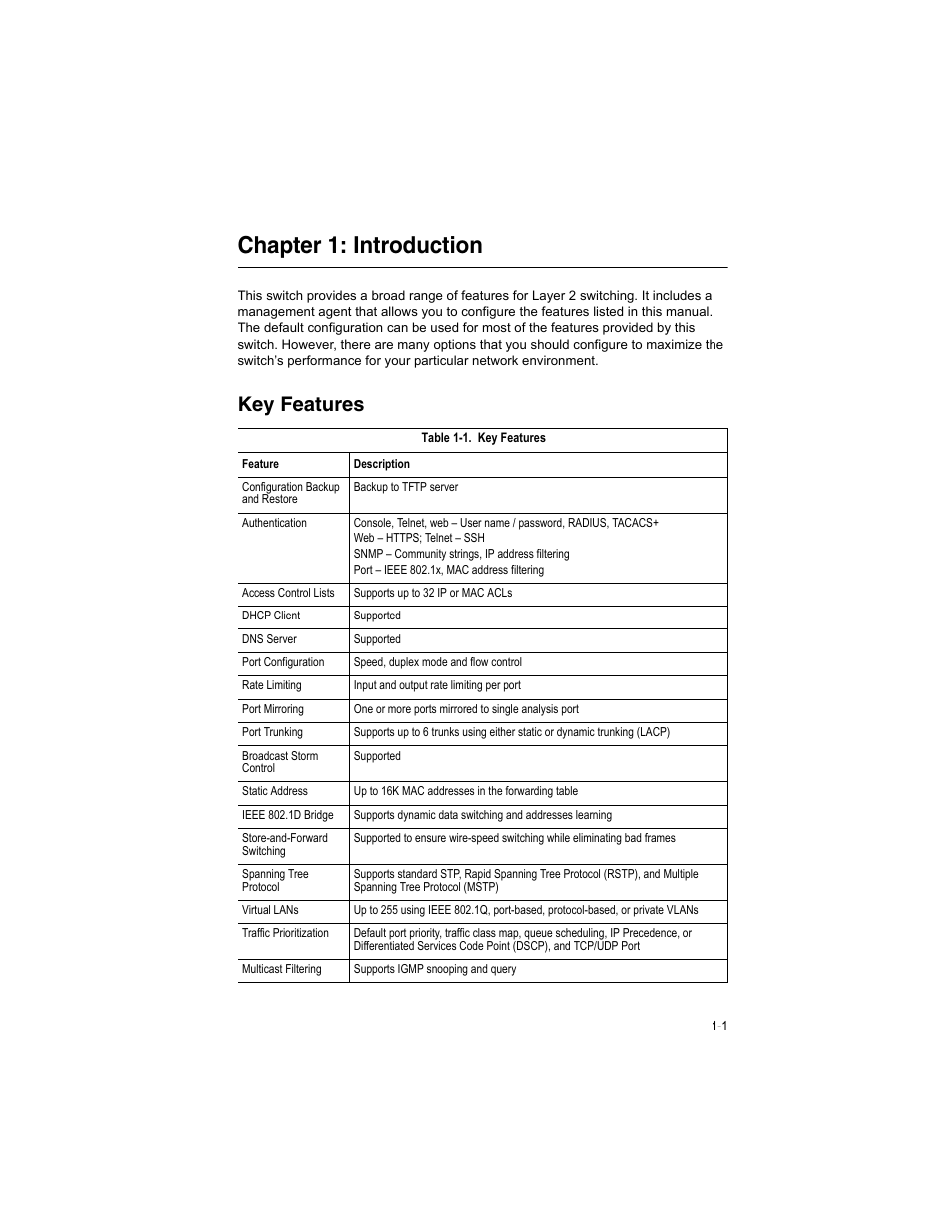 Chapter 1: introduction, Key features, Chapter 1: introduction 1-1 | Table 1-1 | Accton Technology ES4512C User Manual | Page 23 / 426