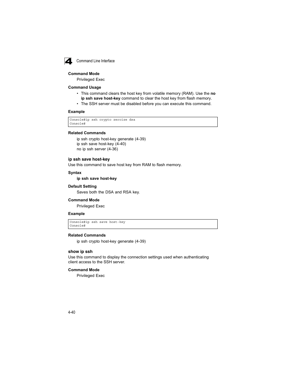 Ip ssh save host-key, Show ip ssh, Ip ssh | Save host-key, Ip ssh save host-key (4-40) | Accton Technology ES4512C User Manual | Page 230 / 426