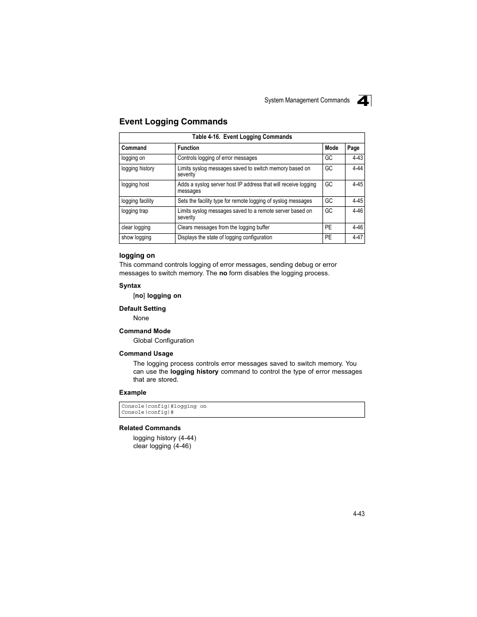 Event logging commands, Logging on, Table 4-16 | Accton Technology ES4512C User Manual | Page 233 / 426